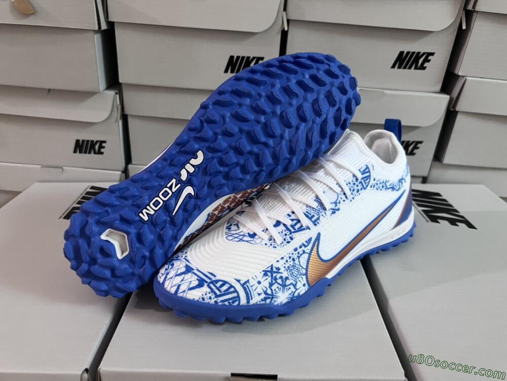Nike Air Zoom Mercurial Vapor 15 Pro TF Artificial Turf Soccer Shoes - White/Blue/Gold