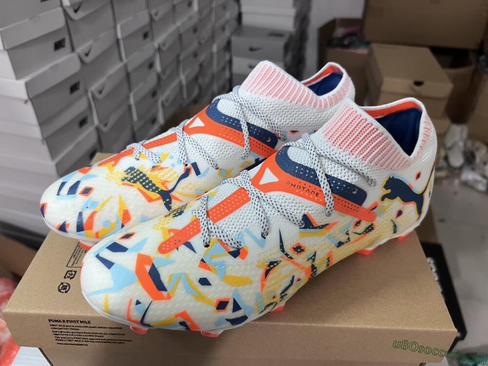 Puma Future FG Firm Ground Soccer Cleats - White/Red/Yellow/Blue/Pink