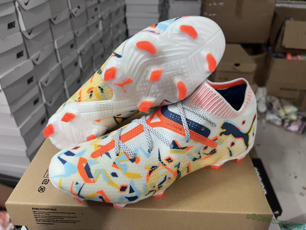 Puma Future FG Firm Ground Soccer Cleats - White/Red/Yellow/Blue/Pink