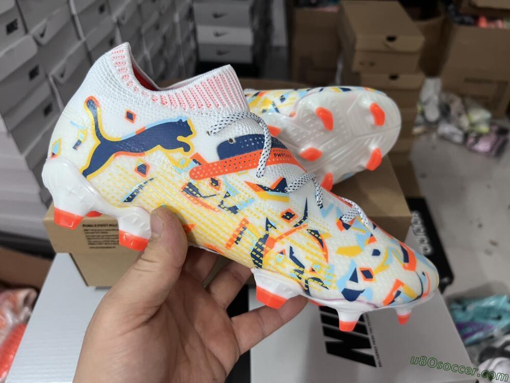 Puma Future FG Firm Ground Soccer Cleats - White/Red/Yellow/Blue/Pink