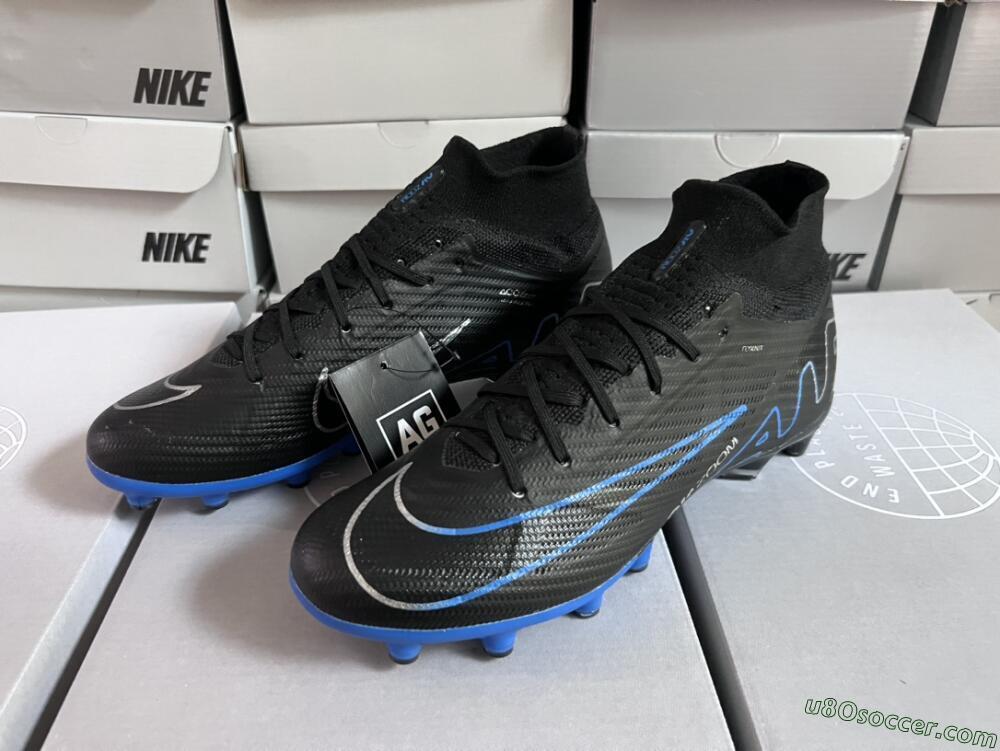 Nike Air Zoom Mercurial Superfly 9 Elite AG Artificial Grass Soccer Cleats - Black/Blue/White