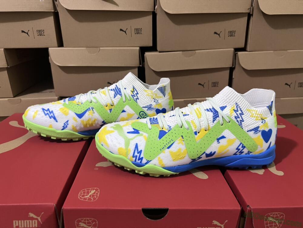 Puma Future Ultimate TF Artificial Turf Soccer Shoes - White/Blue/Yellow/Green