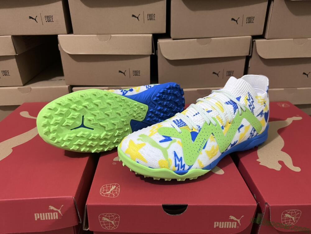 Puma Future Ultimate TF Artificial Turf Soccer Shoes - White/Blue/Yellow/Green
