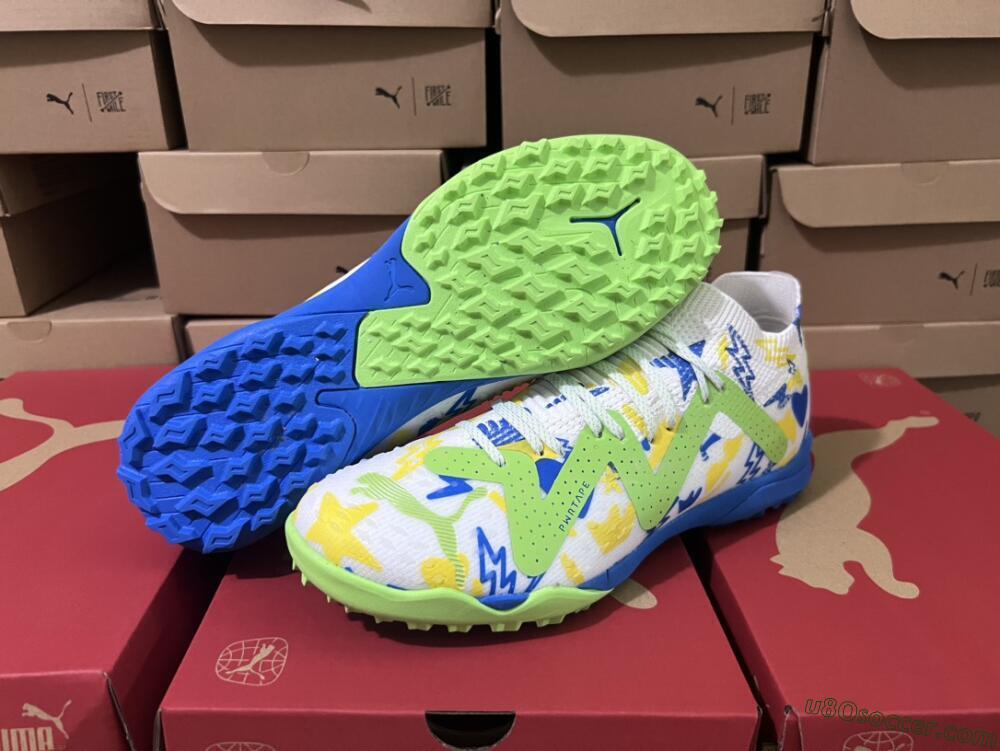 Puma Future Ultimate TF Artificial Turf Soccer Shoes - White/Blue/Yellow/Green