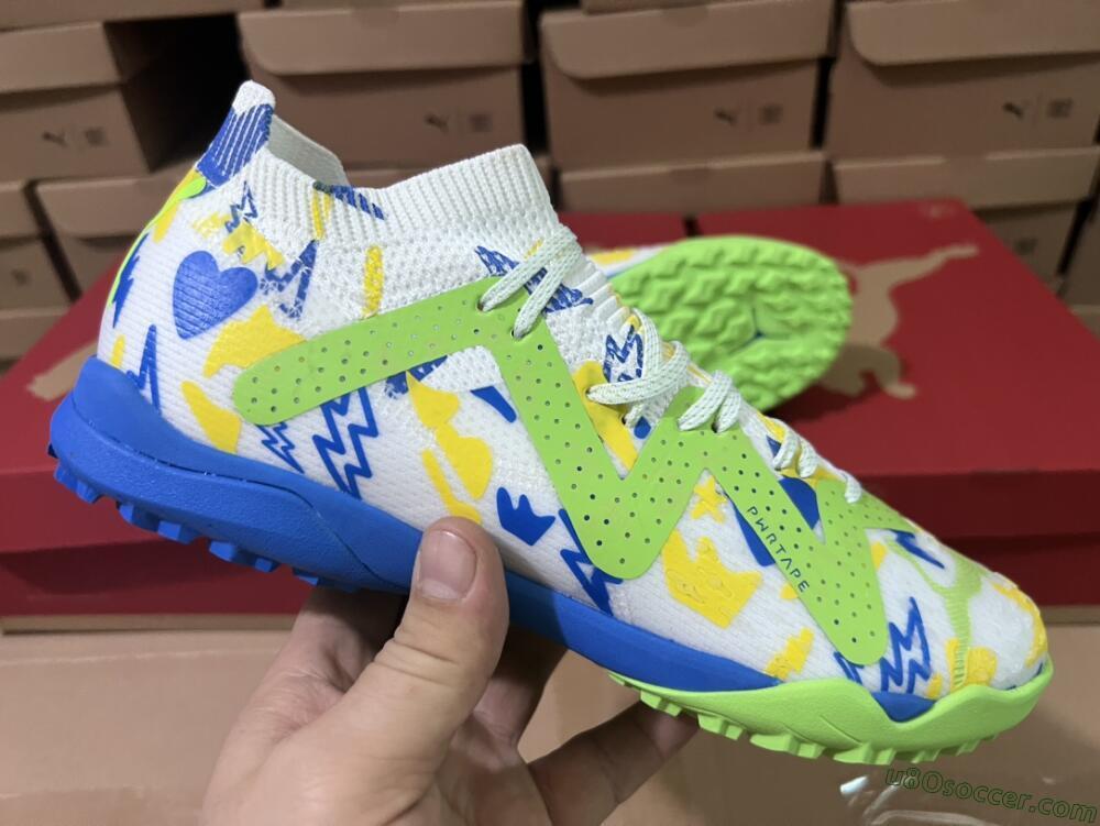 Puma Future Ultimate TF Artificial Turf Soccer Shoes - White/Blue/Yellow/Green