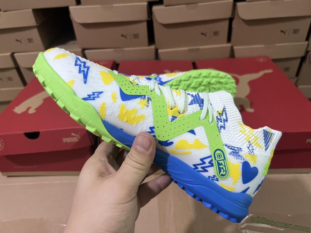 Puma Future Ultimate TF Artificial Turf Soccer Shoes - White/Blue/Yellow/Green