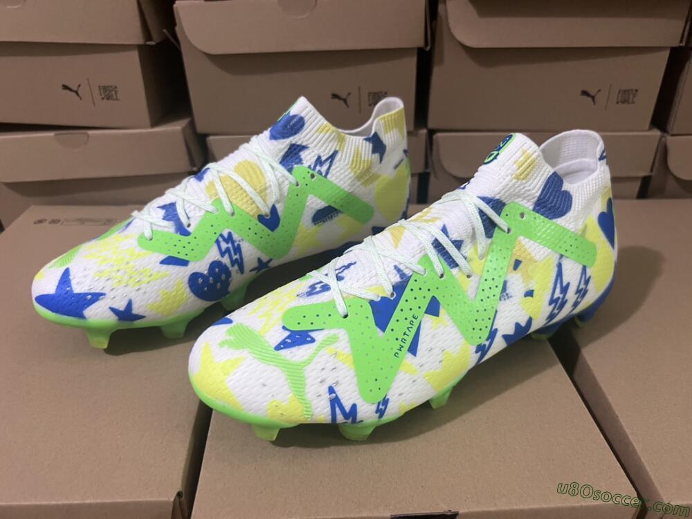 Puma Future Ultimate DNA FG Firm Ground Soccer Cleats - White/Blue/Yellow/Green