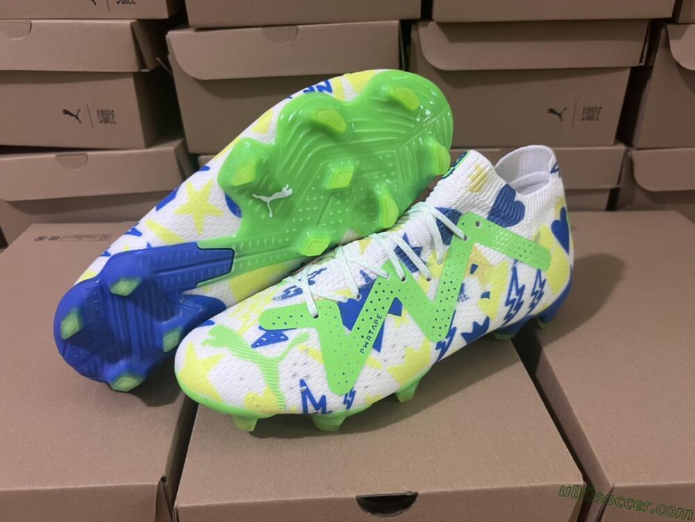 Puma Future Ultimate DNA FG Firm Ground Soccer Cleats - White/Blue/Yellow/Green