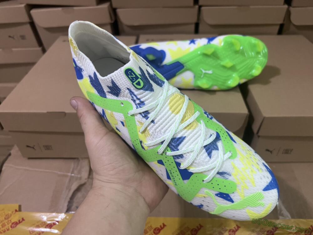 Puma Future Ultimate DNA FG Firm Ground Soccer Cleats - White/Blue/Yellow/Green