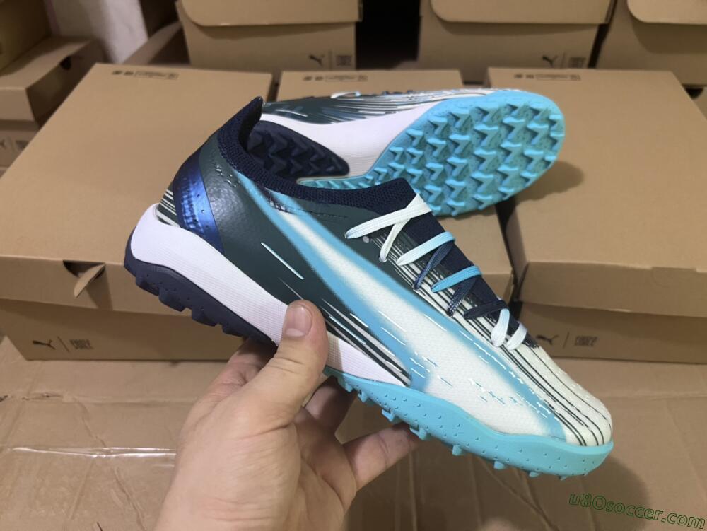 Puma Ultra Ultimate TF Artificial Turf Soccer Shoes - White/Blue/Green