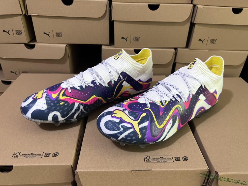Puma Future Ultimate NJR MG Multi Ground Soccer Cleats - White/Purple/Yellow