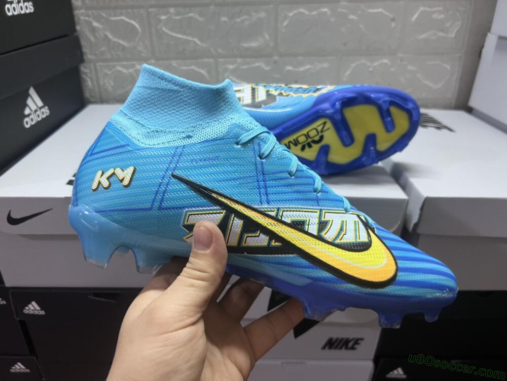 Kylian Mbappe x Nike Air Zoom Mercurial Superfly 9 Elite FG Firm Ground Soccer Cleats - Blue/Yellow/Black