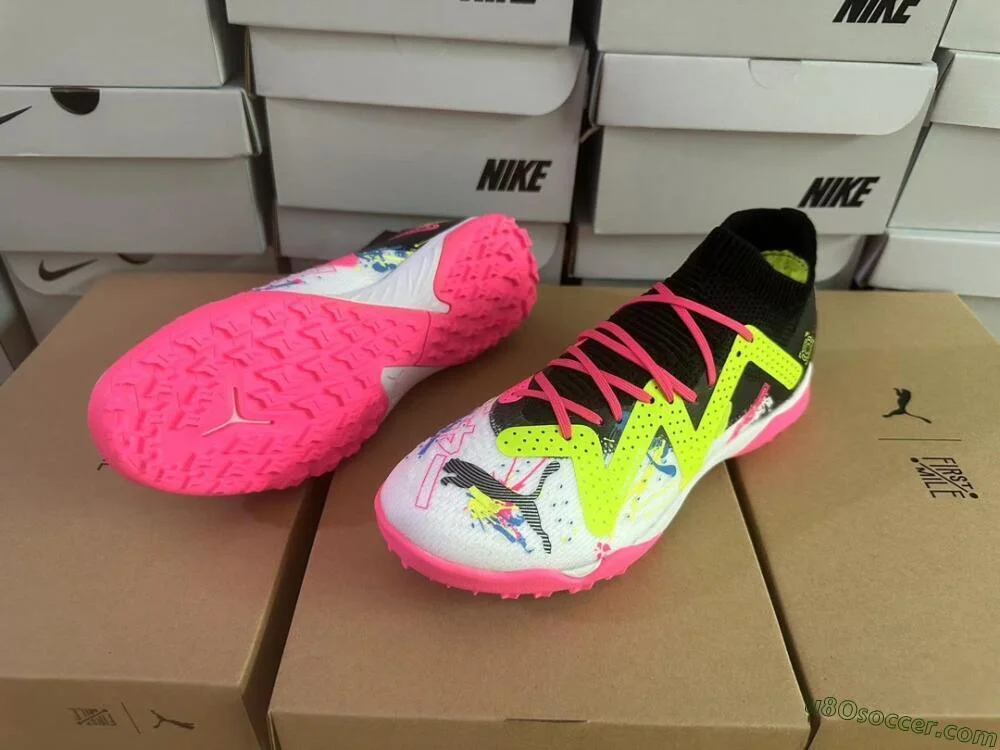 TF Artificial Turf Soccer Shoes | White, Black, Pink, Yellow
