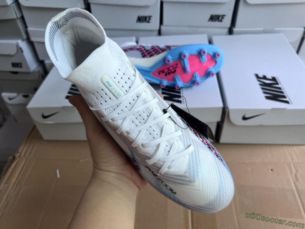 Nike Air Zoom Mercurial Superfly 9 Elite AG Artificial Grass Soccer Cleats - White/Blue/Pink