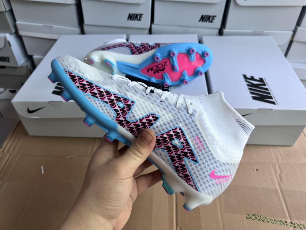 Nike Air Zoom Mercurial Superfly 9 Elite AG Artificial Grass Soccer Cleats - White/Blue/Pink