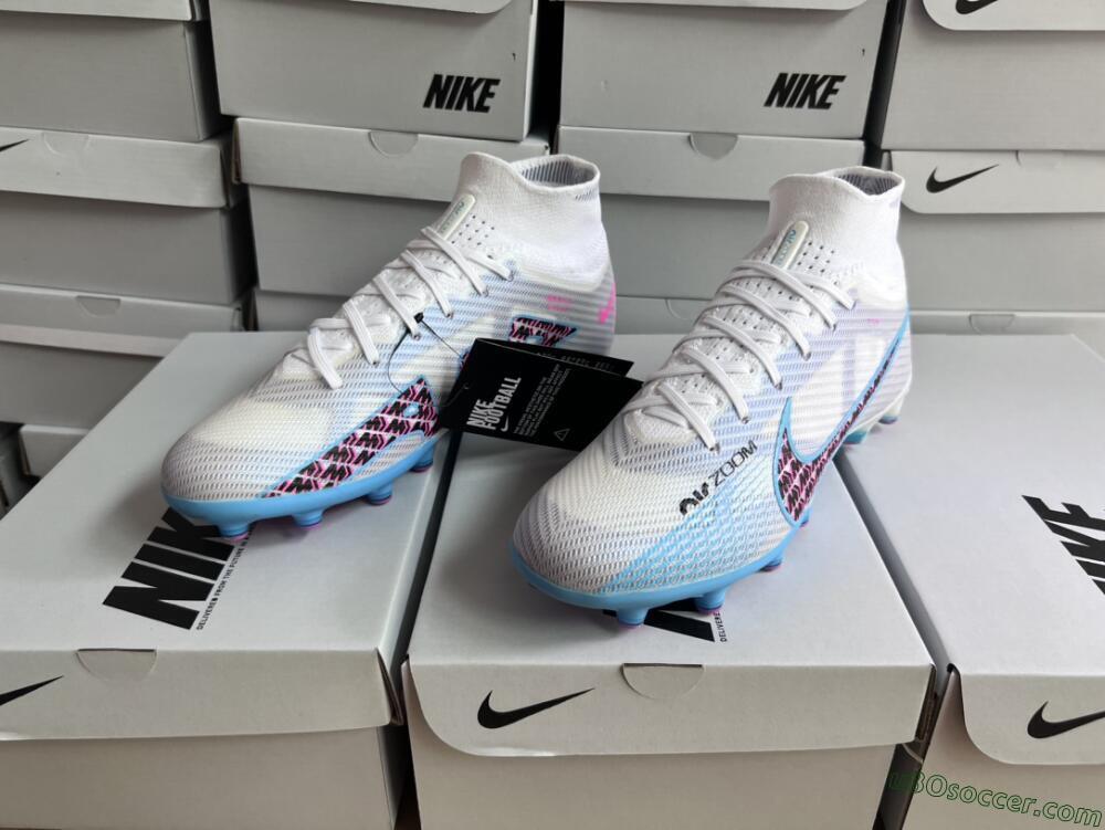 Nike Air Zoom Mercurial Superfly 9 Elite AG Artificial Grass Soccer Cleats - White/Blue/Pink