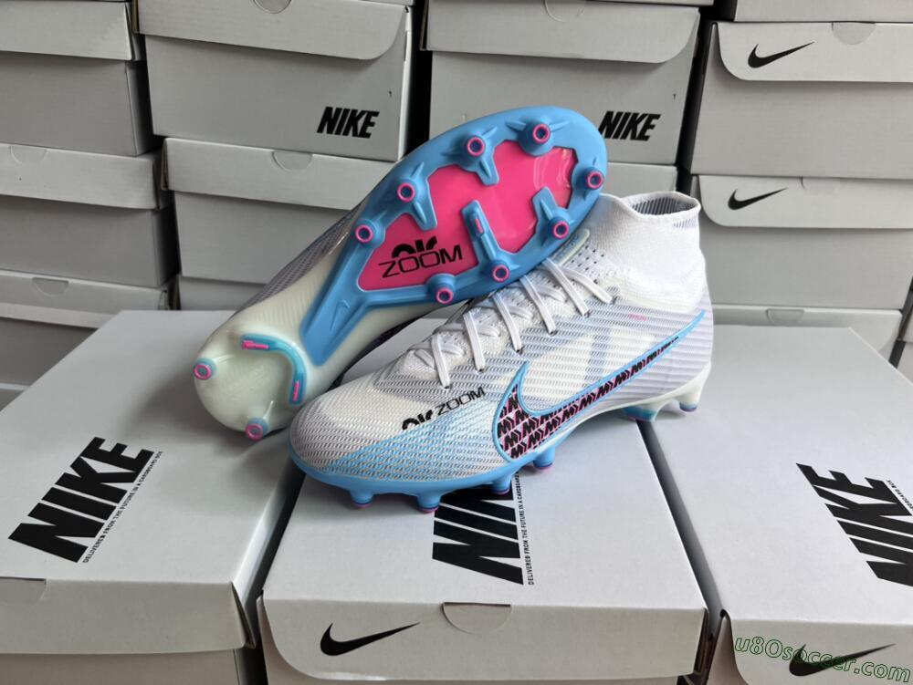 Nike Air Zoom Mercurial Superfly 9 Elite AG Artificial Grass Soccer Cleats - White/Blue/Pink