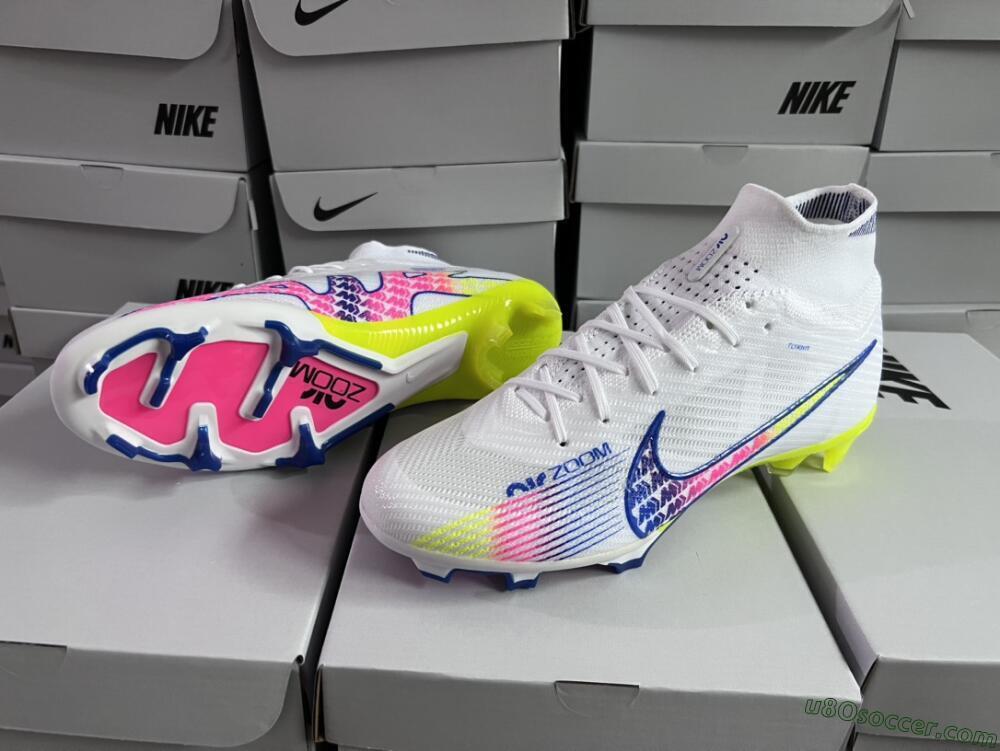 Nike Air Zoom Mercurial Superfly 9 Elite FG Firm Ground Soccer Cleats - White/Blue/Pink/Green