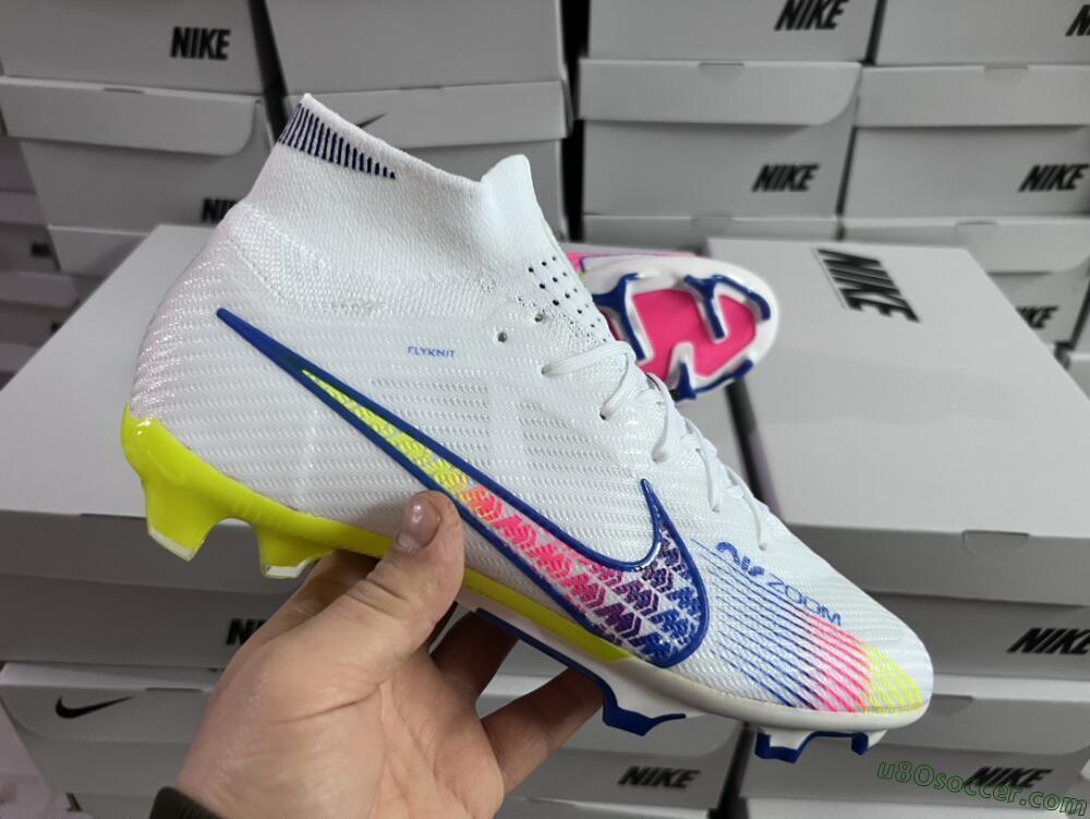 Nike Air Zoom Mercurial Superfly 9 Elite FG Firm Ground Soccer Cleats - White/Blue/Pink/Green