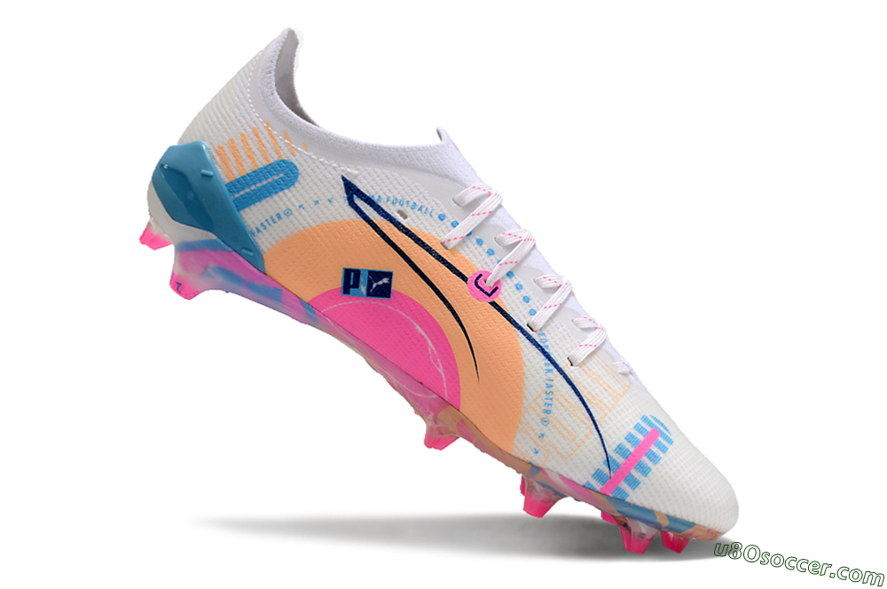 Puma Ultra 5 Ultimate FG Firm Ground Soccer Cleats - White/Pink/Yellow/Blue 4