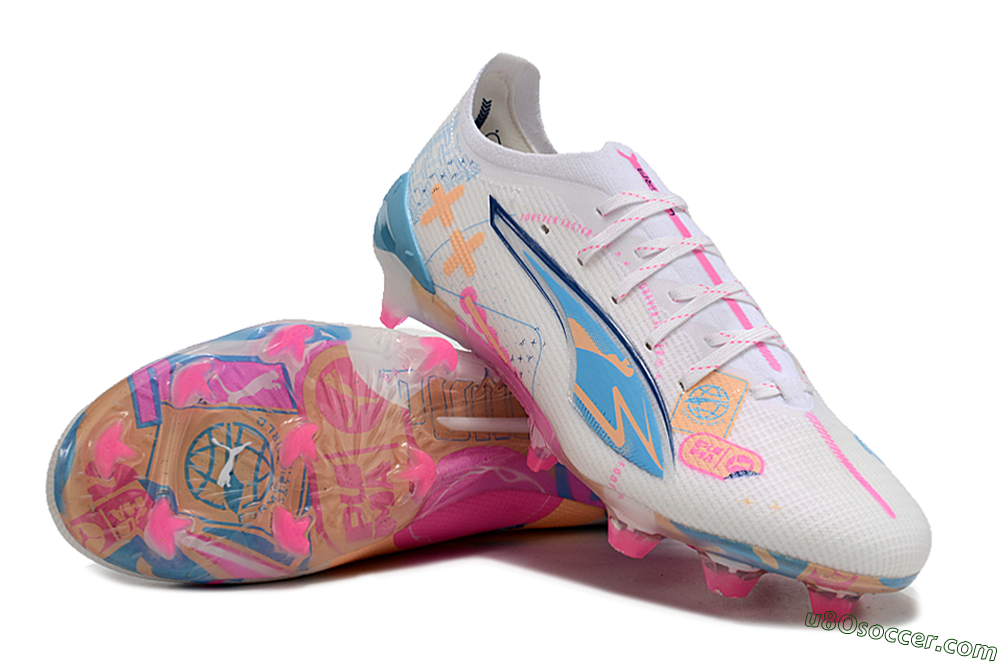 Puma Ultra 5 Ultimate FG Firm Ground Soccer Cleats - White/Pink/Yellow/Blue 3
