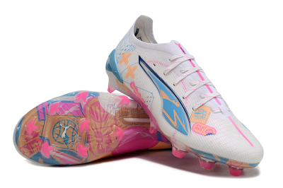 Puma Ultra 5 Ultimate FG Firm Ground Soccer Cleats - White/Pink/Yellow/Blue
