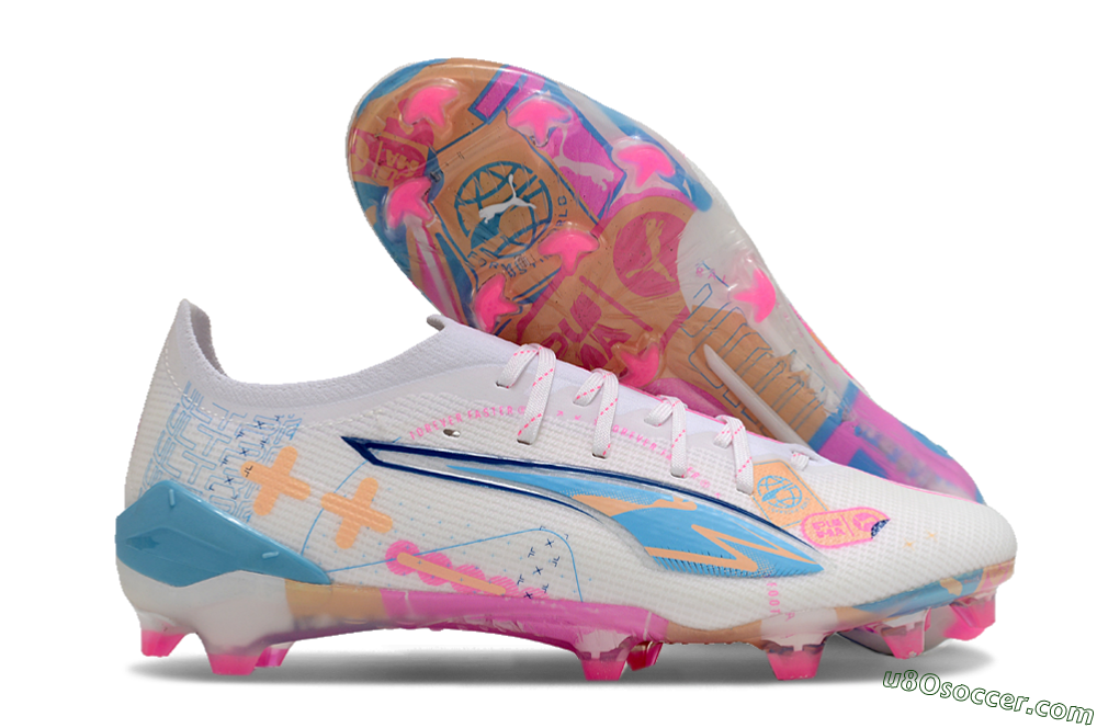 Puma Ultra 5 Ultimate FG Firm Ground Soccer Cleats - White/Pink/Yellow/Blue 1