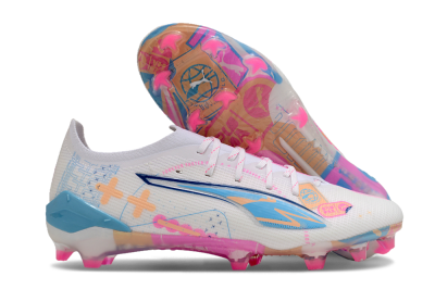 Puma Ultra 5 Ultimate FG Firm Ground Soccer Cleats - White/Pink/Yellow/Blue
