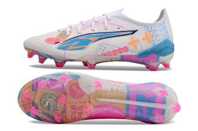Puma Ultra 5 Ultimate FG Firm Ground Soccer Cleats - White/Pink/Yellow/Blue