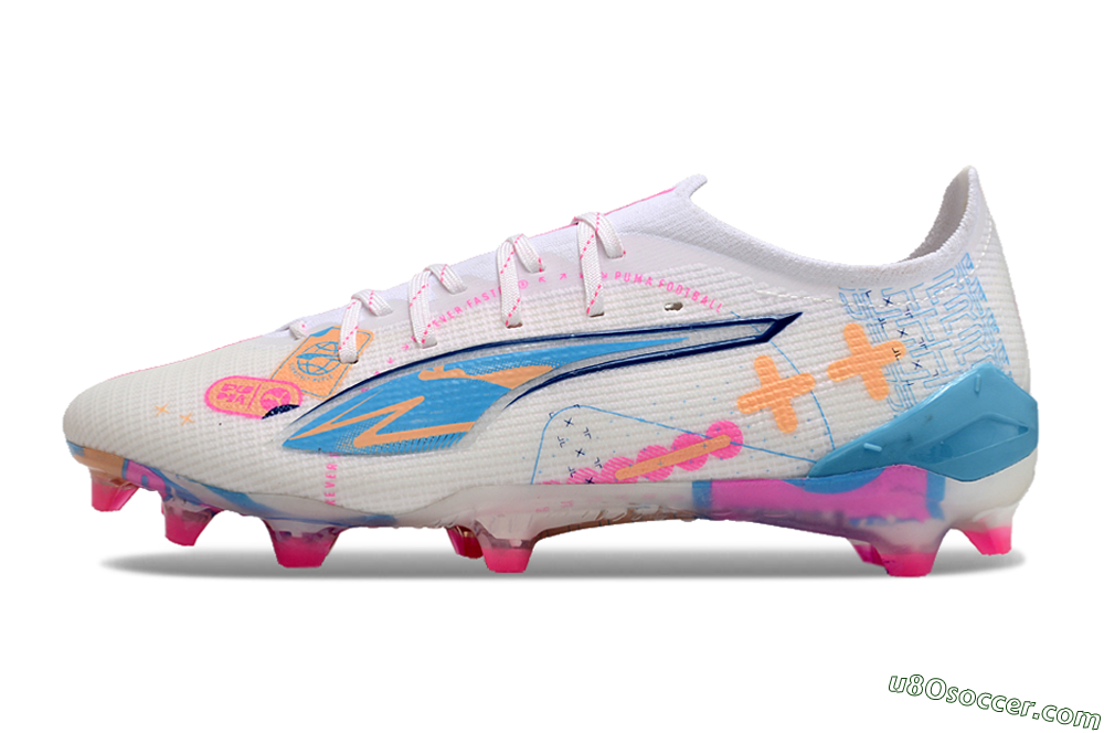 Puma Ultra 5 Ultimate FG Firm Ground Soccer Cleats - White/Pink/Yellow/Blue 2