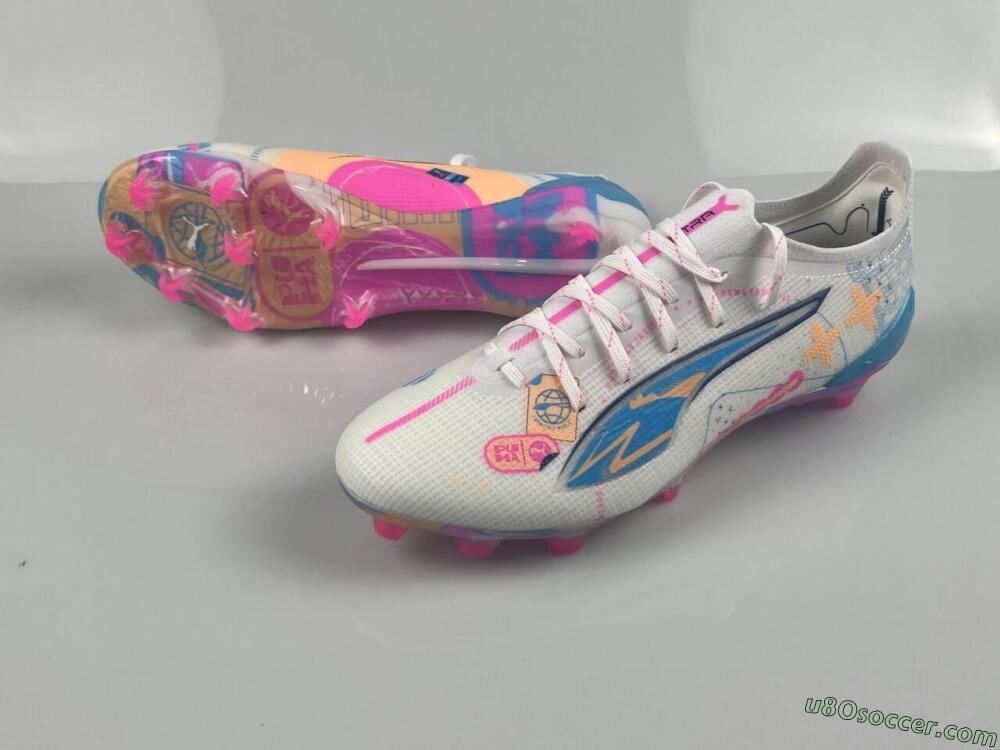 Puma Ultra 5 Ultimate FG Firm Ground Soccer Cleats - White/Pink/Yellow/Blue