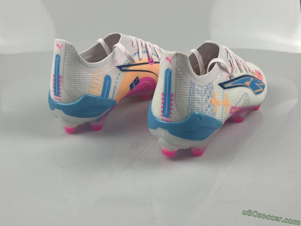 Puma Ultra 5 Ultimate FG Firm Ground Soccer Cleats - White/Pink/Yellow/Blue