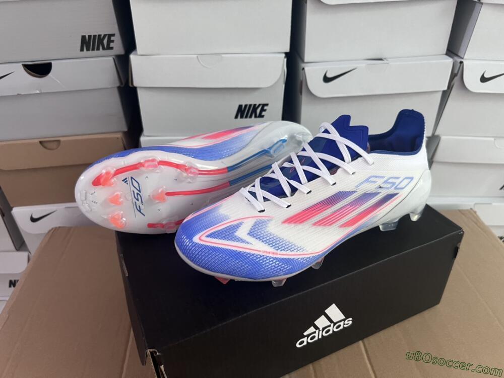 Adidas F50 Adizero FG Firm Ground Soccer Cleats - White/Blue/Pink