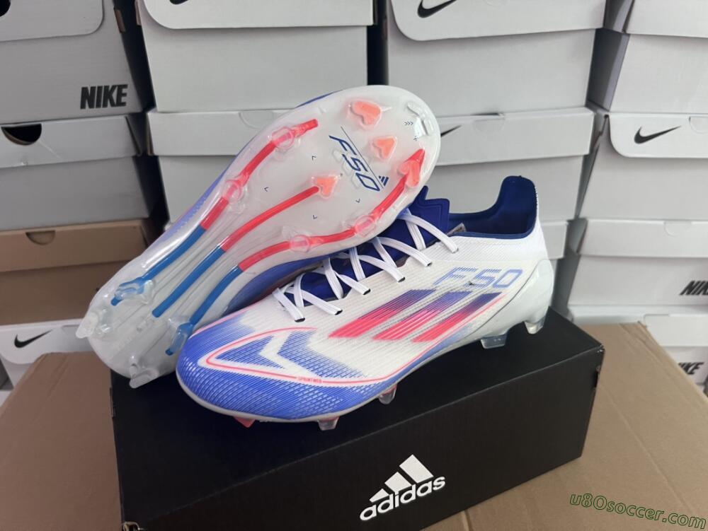 Adidas F50 Adizero FG Firm Ground Soccer Cleats - White/Blue/Pink