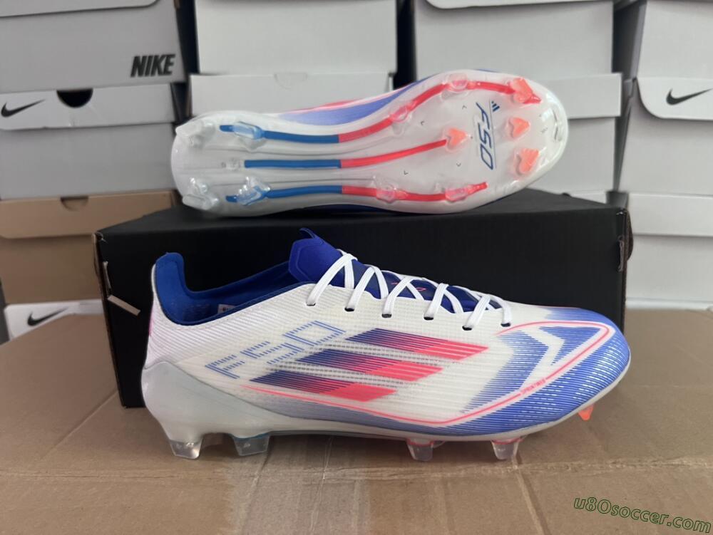 Adidas F50 Adizero FG Firm Ground Soccer Cleats - White/Blue/Pink