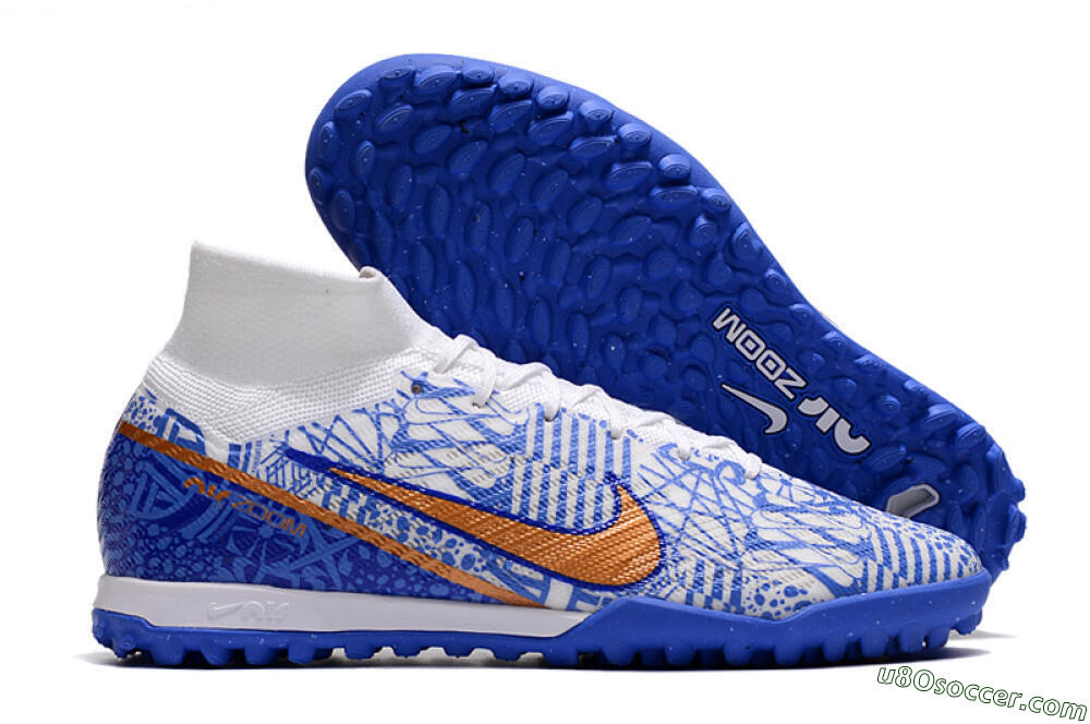 Nike Air Zoom Mercurial Superfly 9 Elite TF Artificial Turf Soccer Shoes - Blue/White/Gold 1