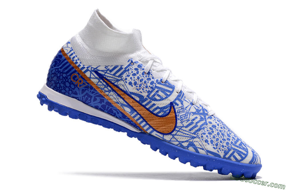 Nike Air Zoom Mercurial Superfly 9 Elite TF Artificial Turf Soccer Shoes - Blue/White/Gold 4