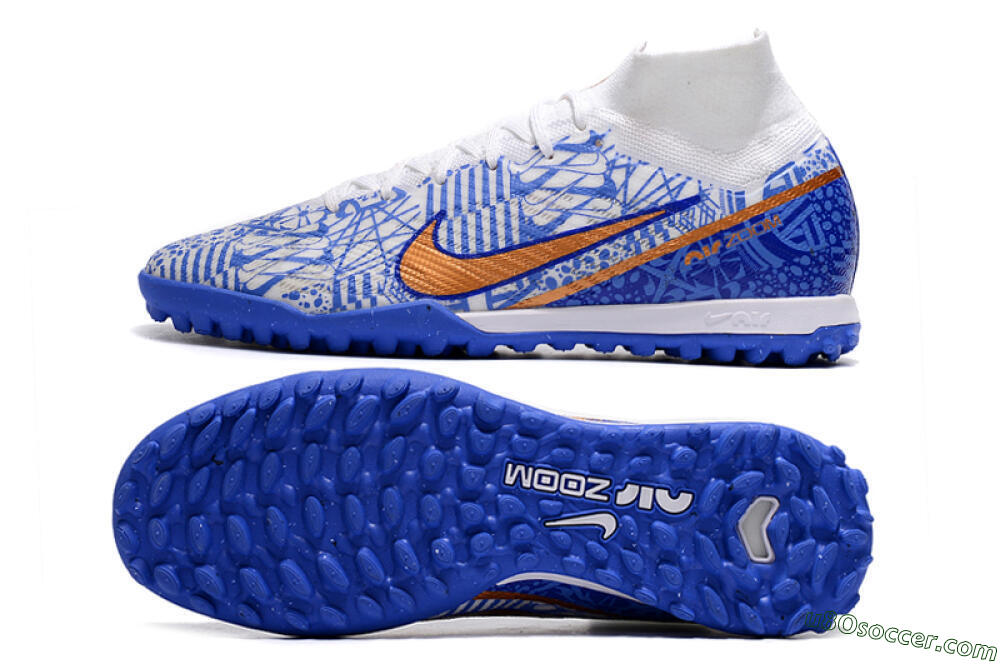 Nike Air Zoom Mercurial Superfly 9 Elite TF Artificial Turf Soccer Shoes - Blue/White/Gold 0