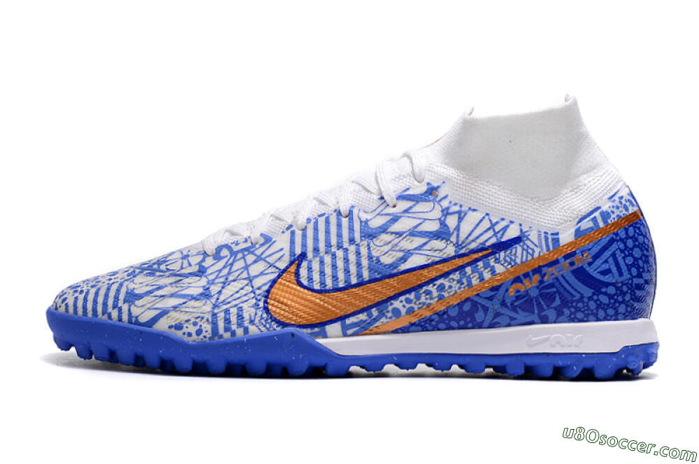 Nike Air Zoom Mercurial Superfly 9 Elite TF Artificial Turf Soccer Shoes - Blue/White/Gold 2