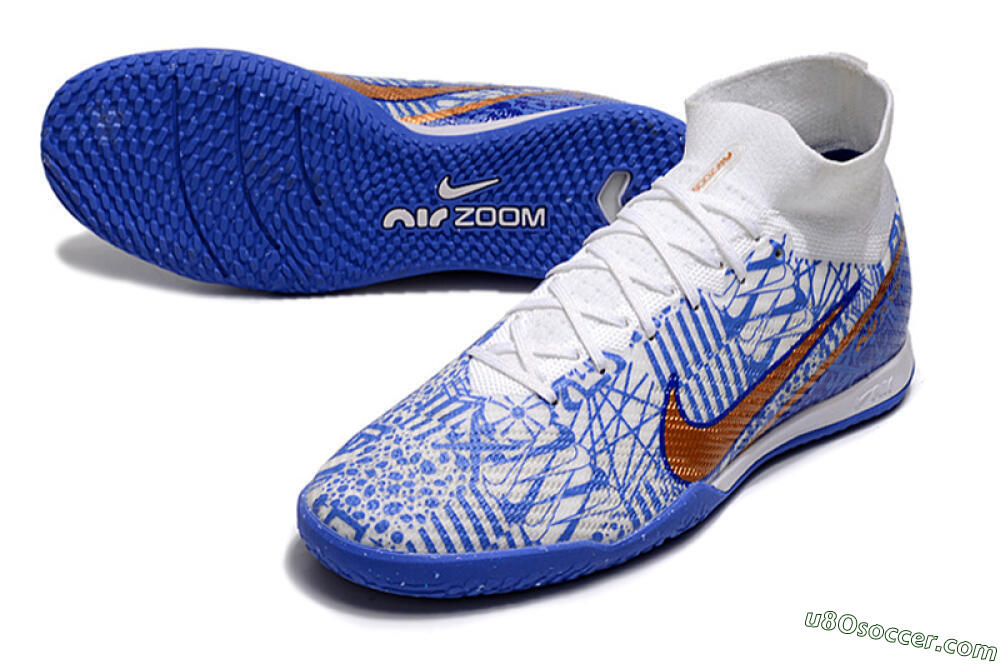 Nike Air Zoom Mercurial Superfly 9 Elite IC Indoor & Futsal Soccer Shoes - White/Blue/Gold 3