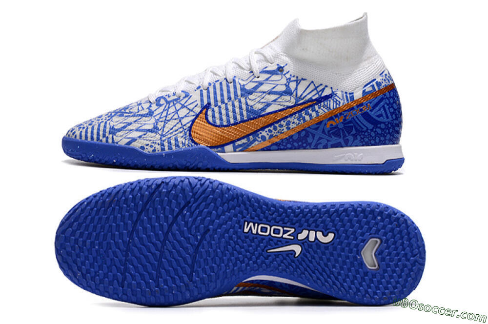 Nike Air Zoom Mercurial Superfly 9 Elite IC Indoor & Futsal Soccer Shoes - White/Blue/Gold 0