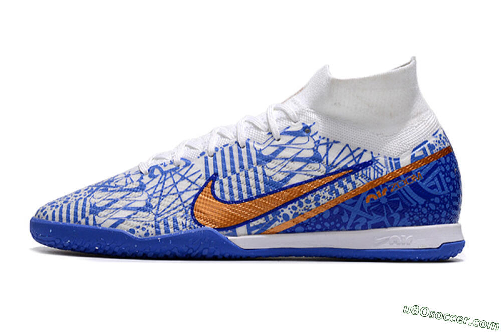 Nike Air Zoom Mercurial Superfly 9 Elite IC Indoor & Futsal Soccer Shoes - White/Blue/Gold 2