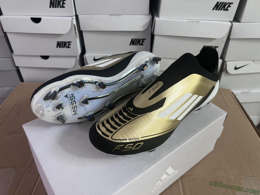Adidas F50 Adizero Messi Laceless FG Firm Ground Soccer Cleats - Gold/White/Black