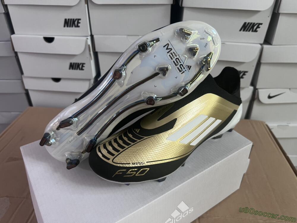 Adidas F50 Adizero Messi Laceless FG Firm Ground Soccer Cleats - Gold/White/Black