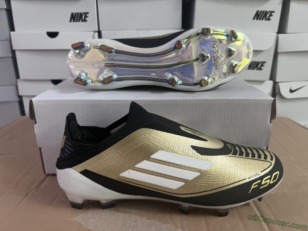 Adidas F50 Adizero Messi Laceless FG Firm Ground Soccer Cleats - Gold/White/Black