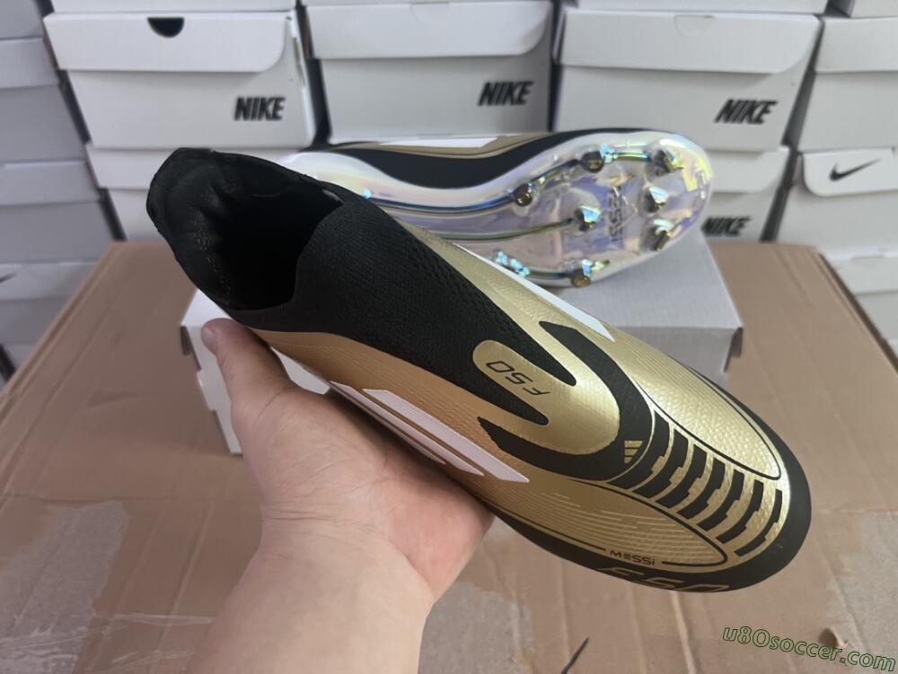 Adidas F50 Adizero Messi Laceless FG Firm Ground Soccer Cleats - Gold/White/Black