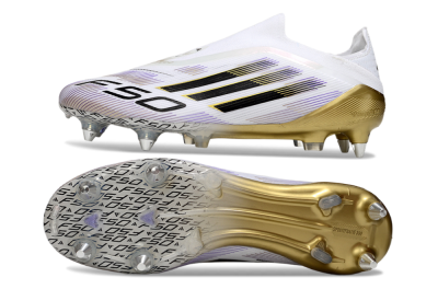 Adidas F50 Elite Laceless SG Soft Ground Soccer Cleats - White/Purple/Gold