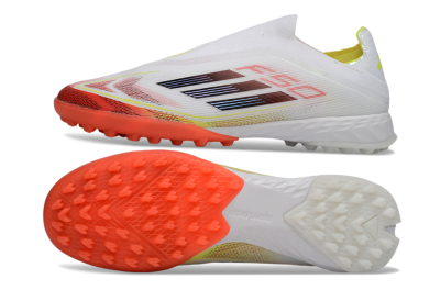 Adidas F50 Pro Laceless TF Artificial Turf Soccer Shoes - White/Vibrant Orange/Sunny Yellow