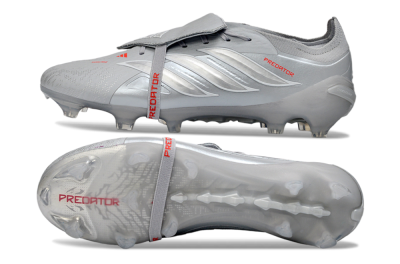 Adidas Predator 26 Elite Fold-Over Tongue FG Firm Ground Soccer Cleats - Gray/Metallic Silver/Crimson Red
