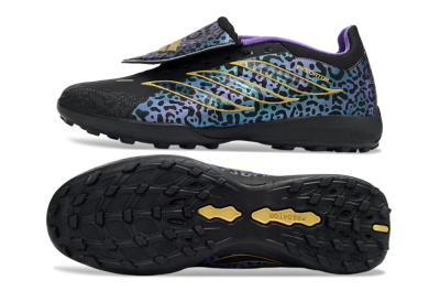 Adidas Predator 26 Elite Fold-Over Tongue TF Artificial Turf Soccer Shoes - Black/Blue Leopard/Gold Accents